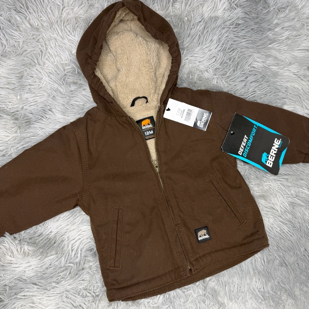 Berne Infant Softstone Duck Sherpa-Lined Hooded Coat Bark Brown NWT Chore Coat